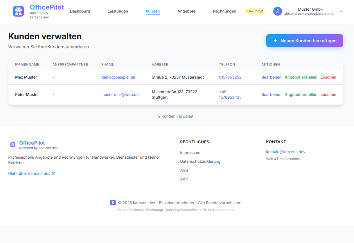 Kunden verwalten Screenshot